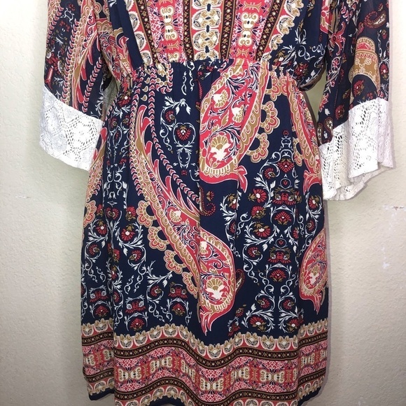 Flying Tomato Red & Blue Paisley Bell Sleeves Crochet Boho Dress Size Large - Picture 4 of 8